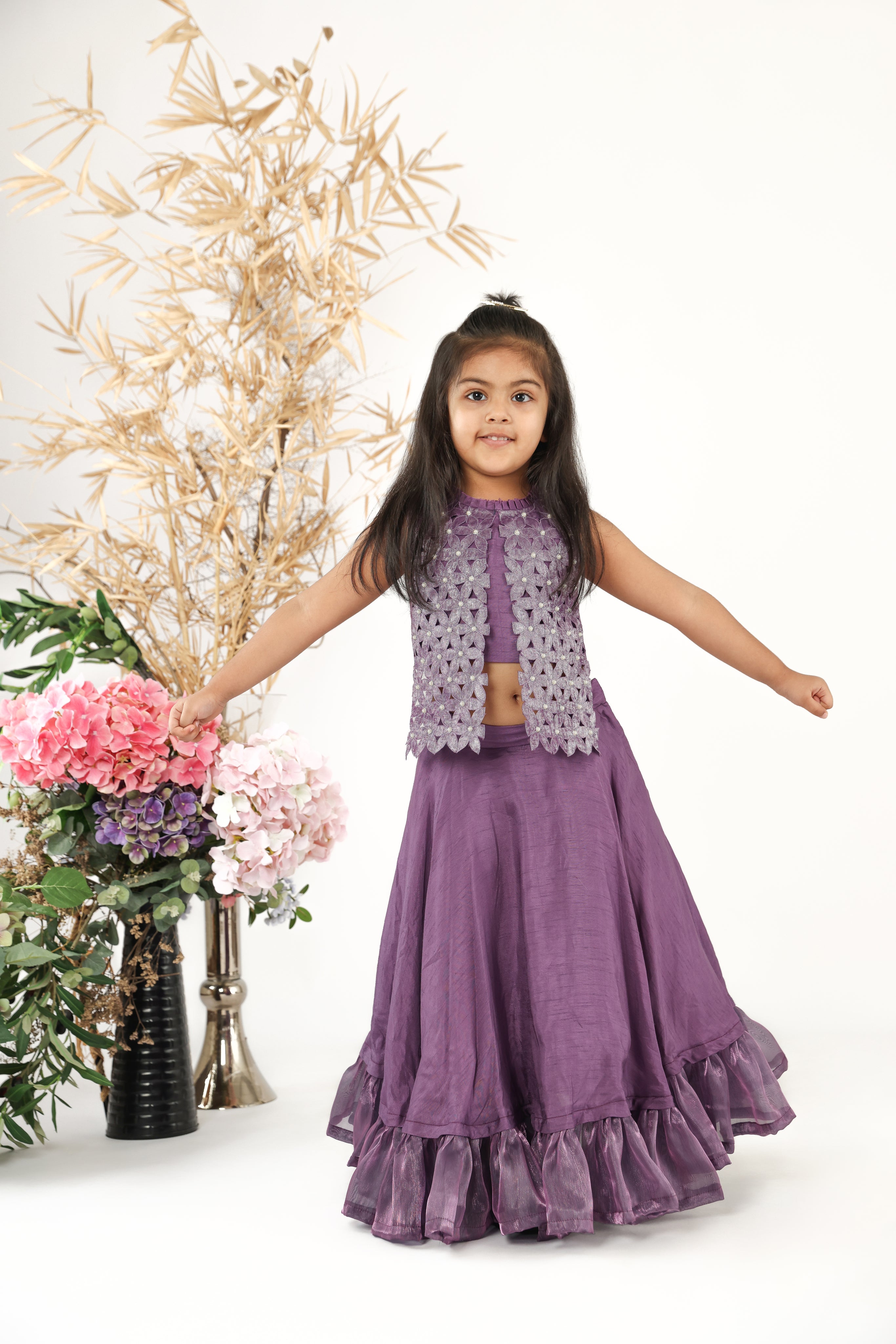 Purple Top with Attached Embroidered jacket and Cutwork Flowers and Silk Lehenga Set for Girls