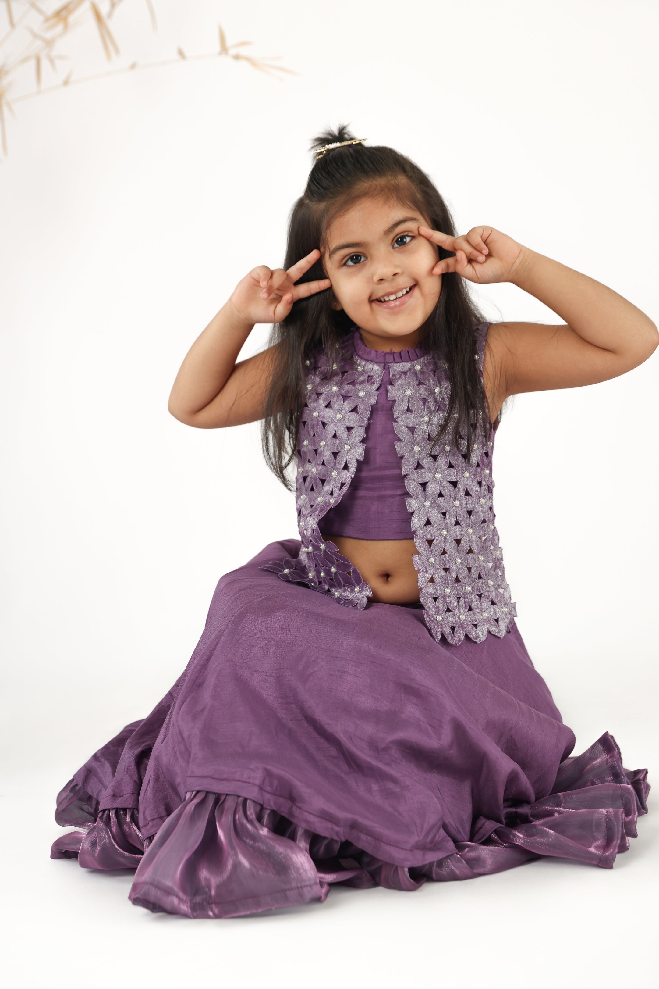 Purple Top with Attached Embroidered jacket and Cutwork Flowers and Silk Lehenga Set for Girls