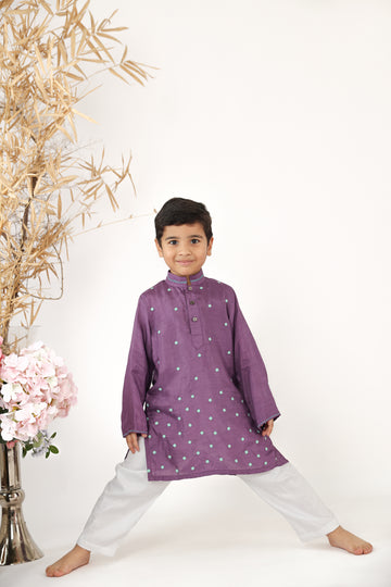 Beautiful Leather Sequence Embroidered Purple Silk Kurta with White Pyjama Set for Boys