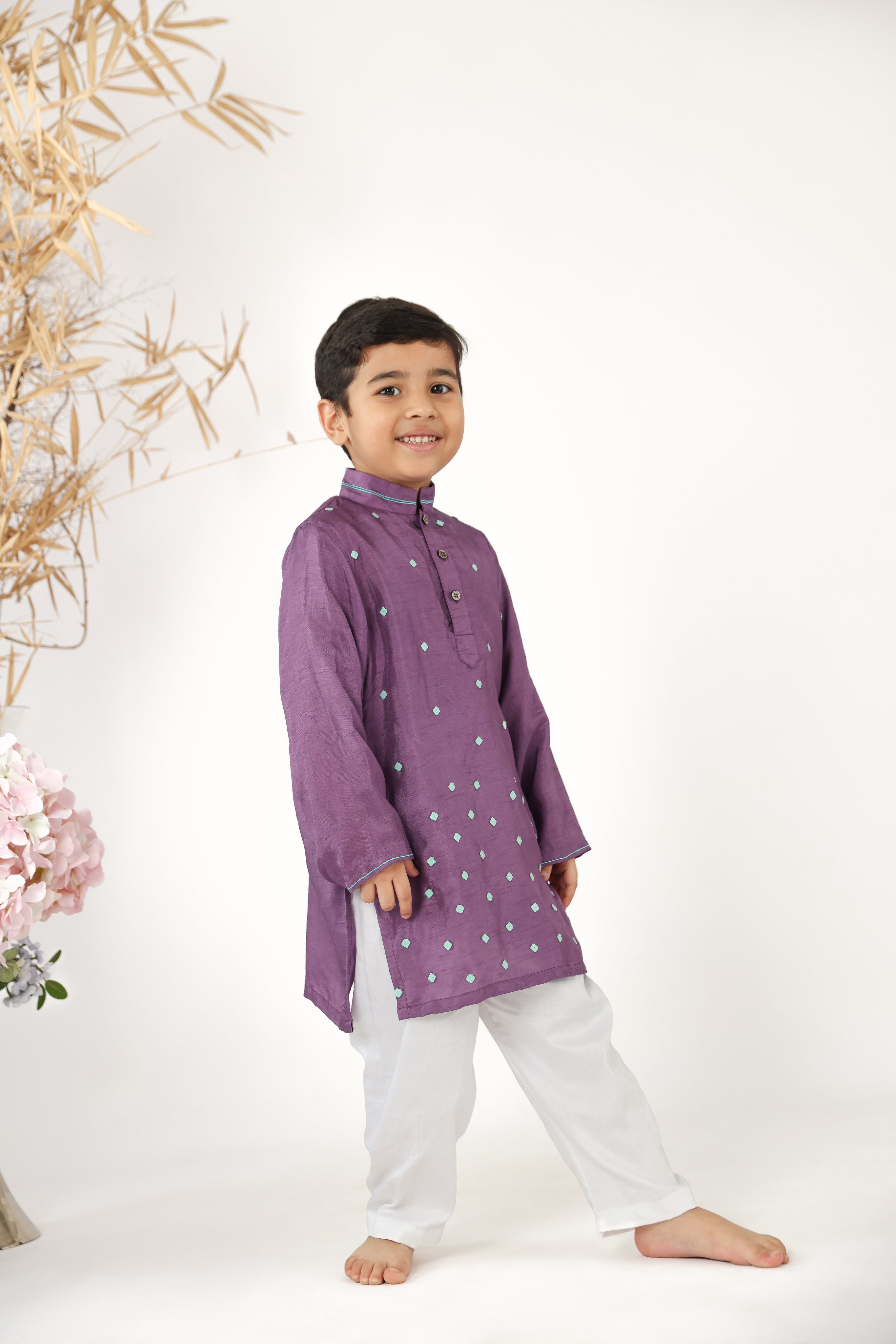 Beautiful Leather Sequence Embroidered Purple Silk Kurta with White Pyjama Set for Boys