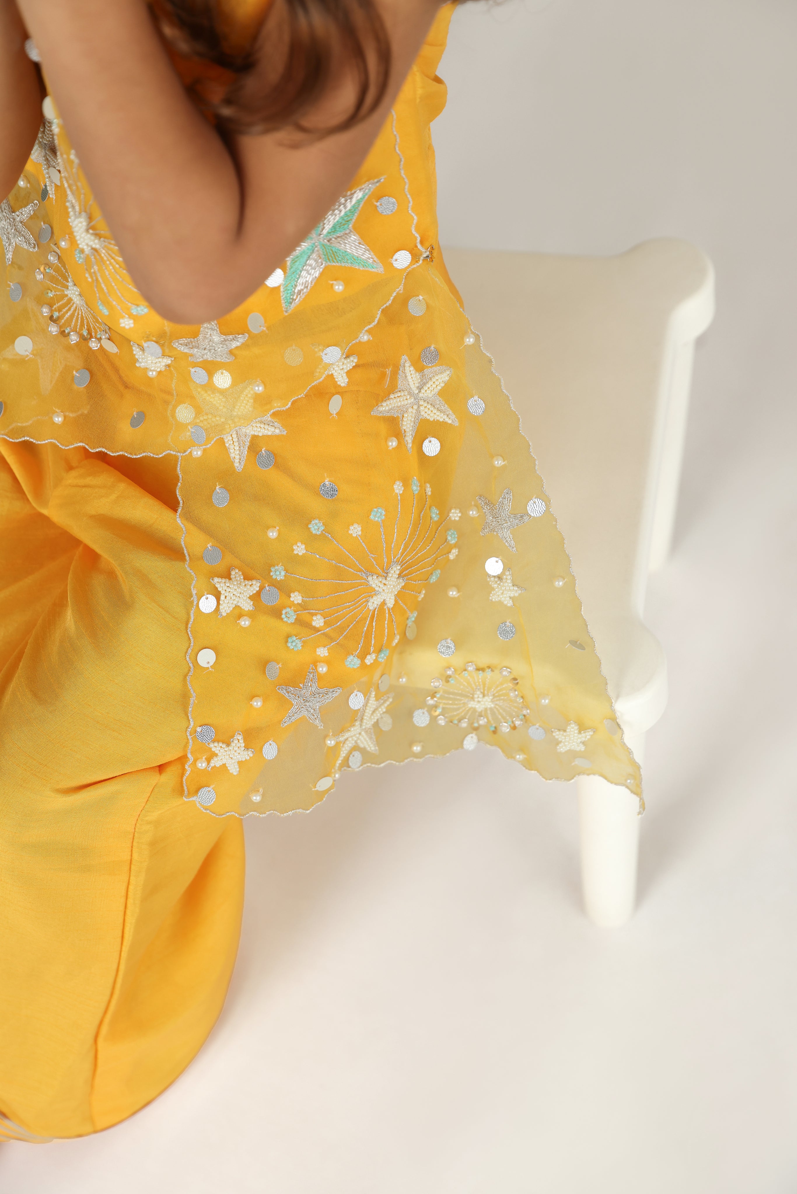 Kesar Silk Top with Hand Embroidered Organza Drape Panel and Silk Palazzo Set for Girls