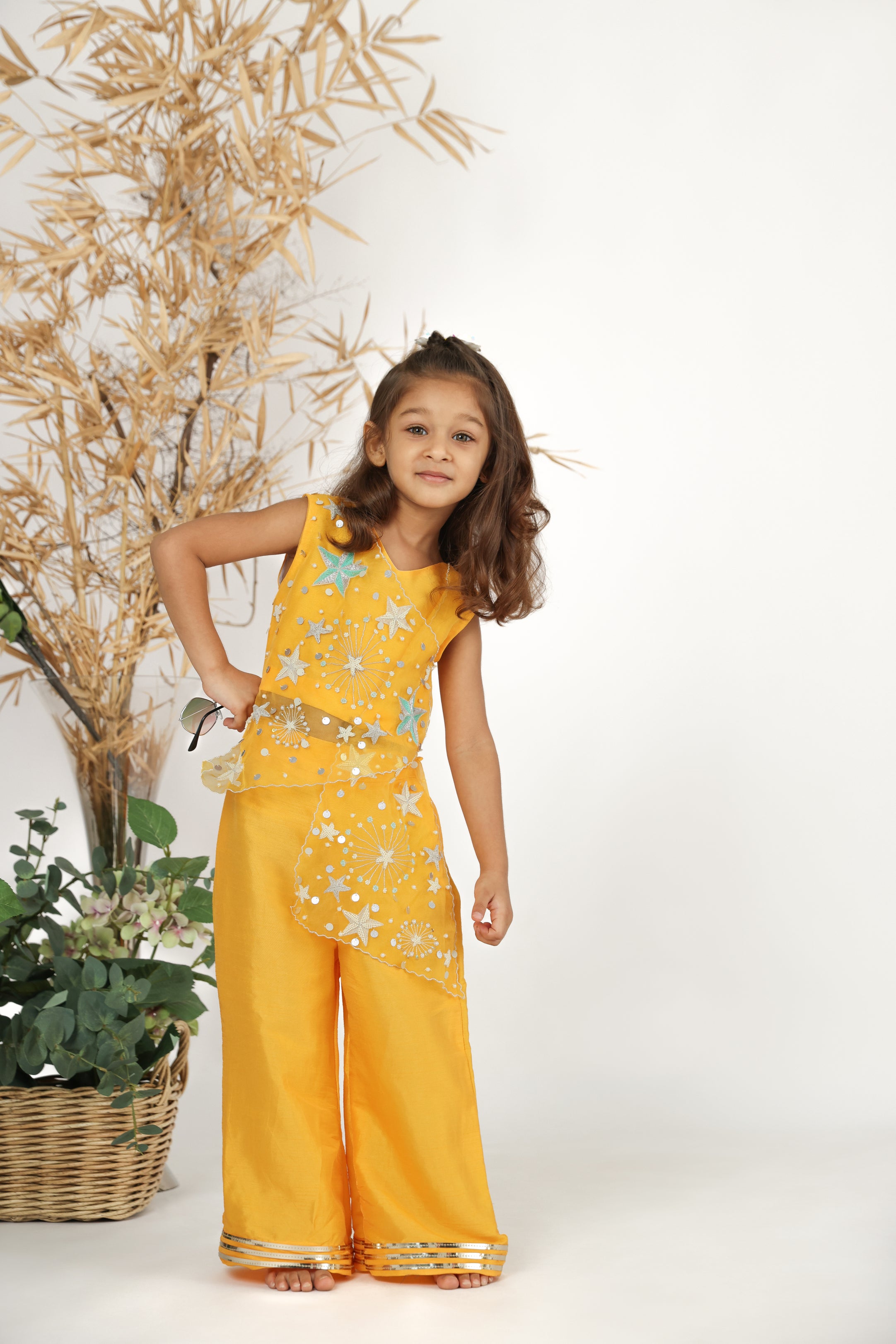 Kesar Silk Top with Hand Embroidered Organza Drape Panel and Silk Palazzo Set for Girls