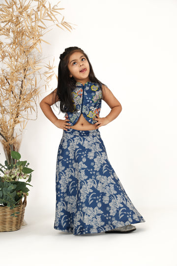 Blue Hand Embroidered Floral Printed Muslin Top and Lehenga Set for Girls