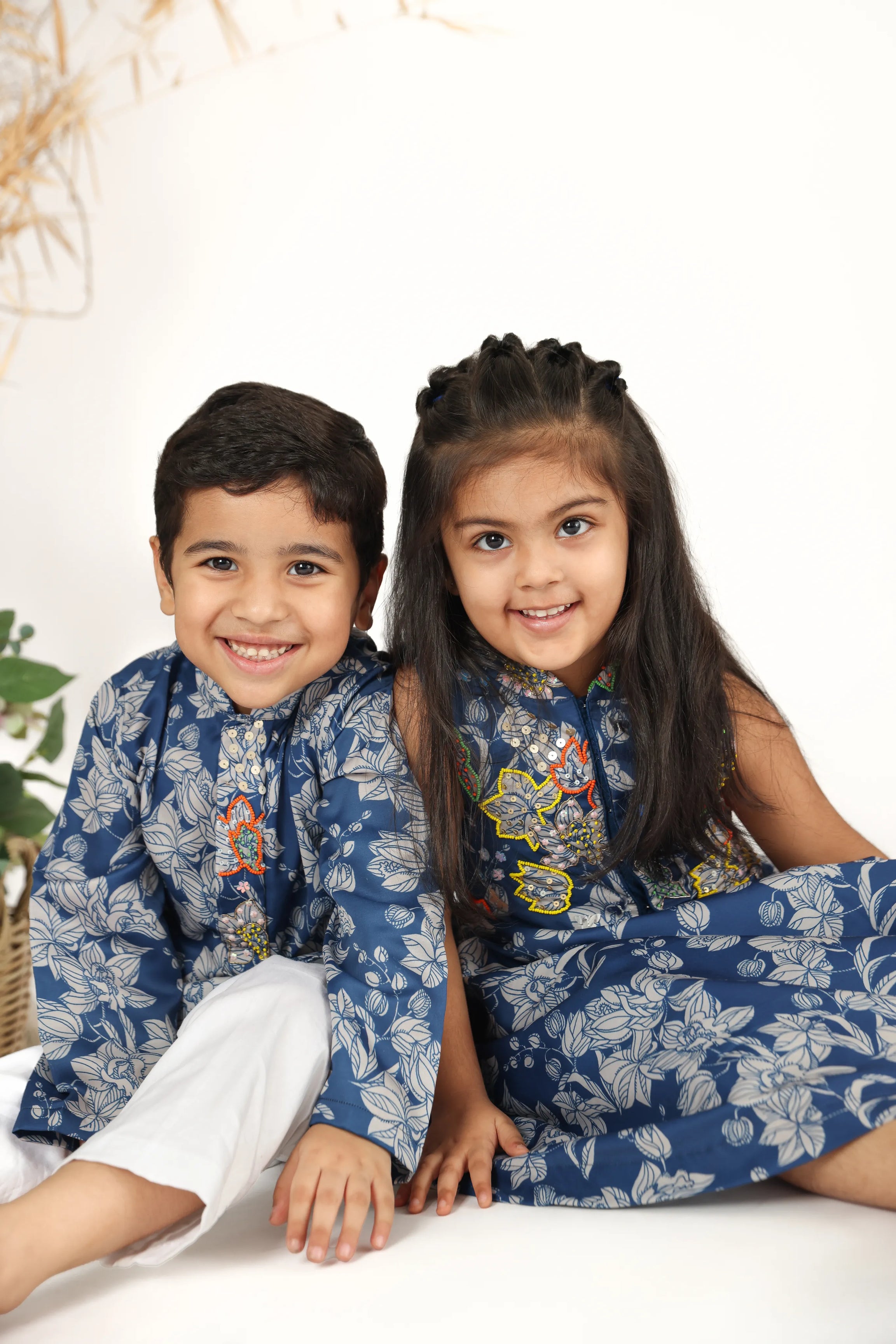 Twinning in Blue Hand Embroidered Floral Printed Muslin Top and Lehenga with Kurta and White Pyjama