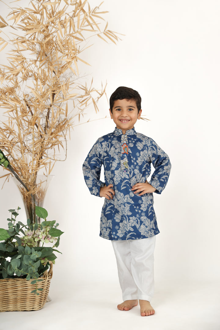 Stunning Blue Floral Embroidered Printed Muslin Kurta with White Pyjama Set for Boys