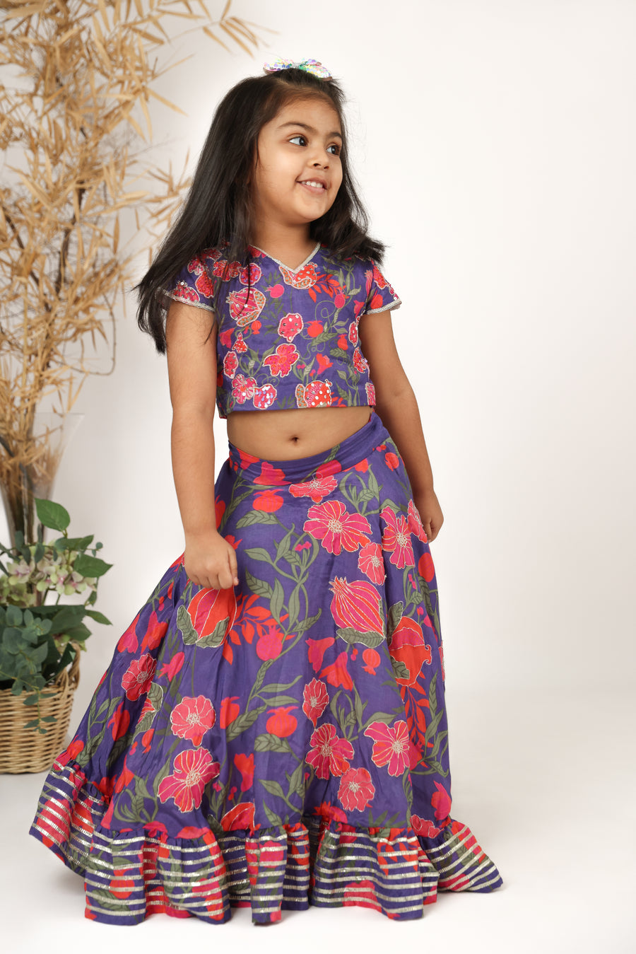 Purple Embroidered Printed Silk Top and Embroidered Lehenga Set for Girls