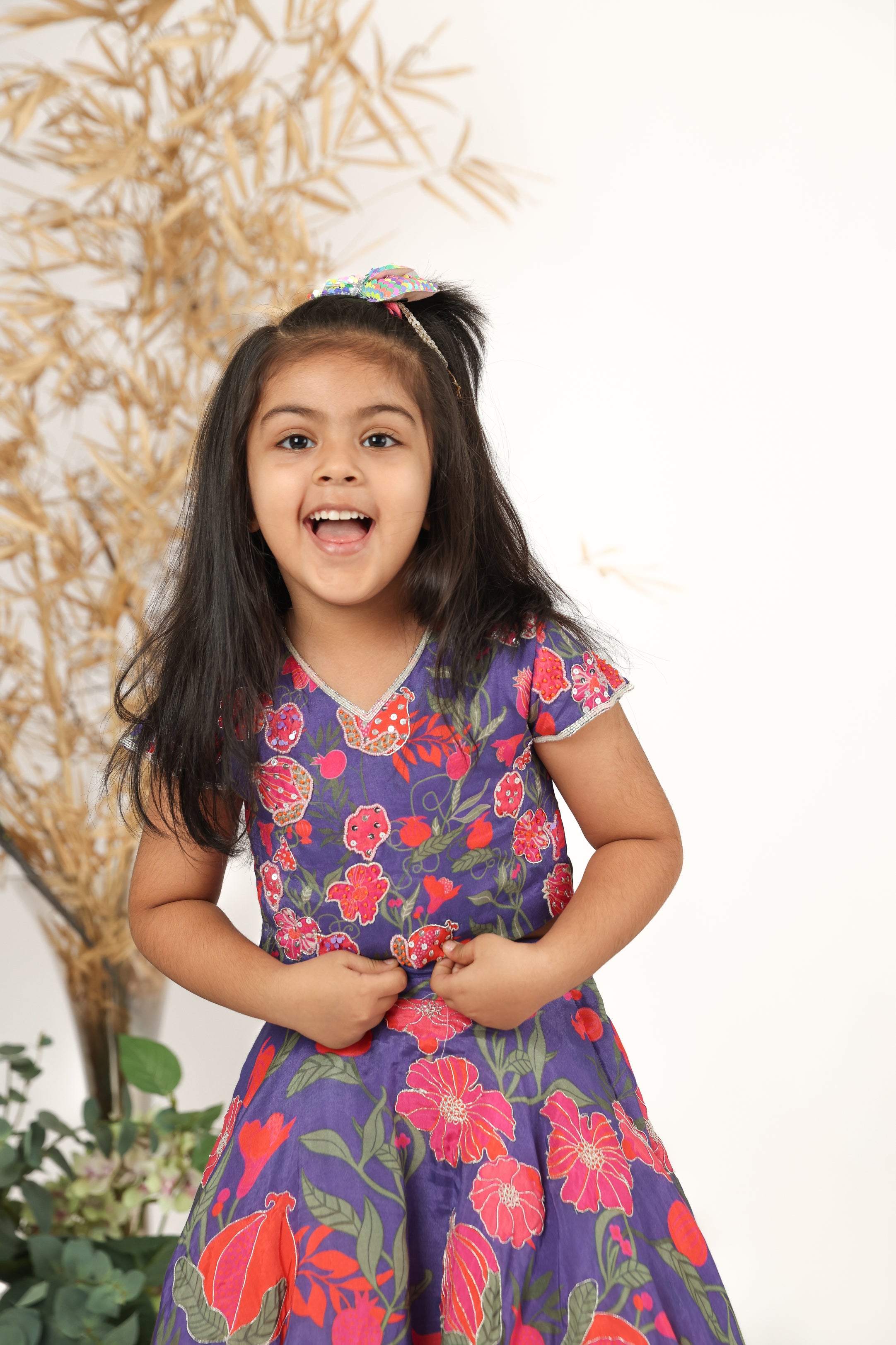 Purple Embroidered Printed Silk Top and Embroidered Lehenga Set for Girls