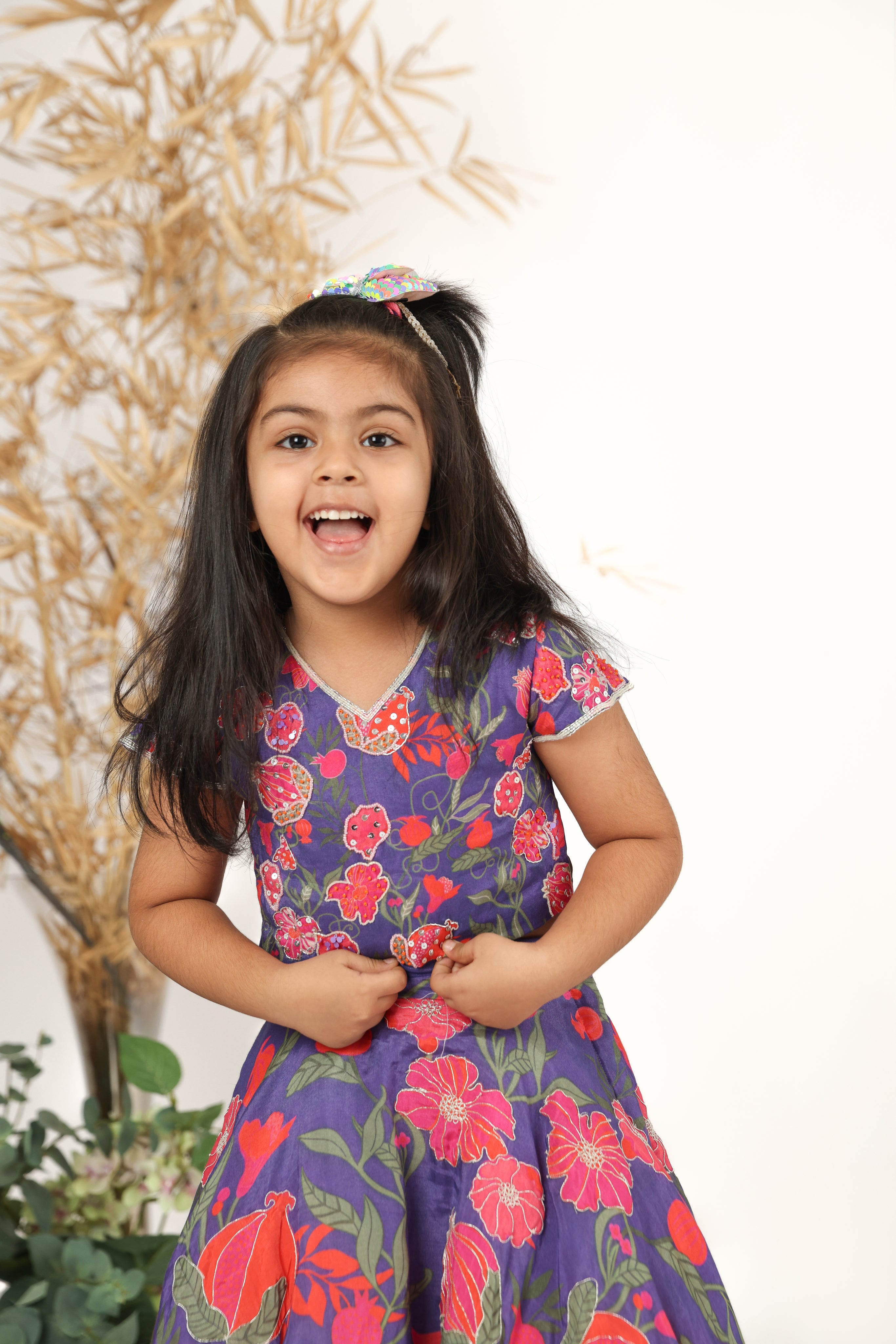 Purple Embroidered Printed Silk Top and Embroidered Lehenga Set for Girls