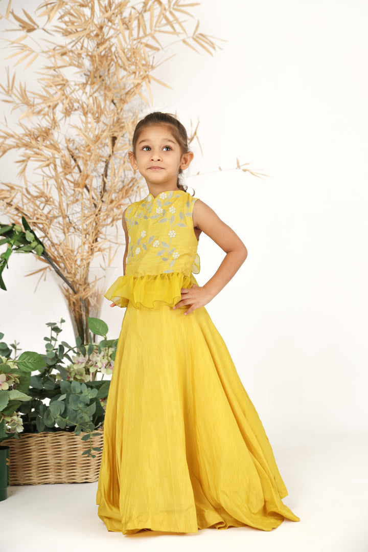 Yellow Embroidered Silk Top with Silk Lehenga Set for Girls