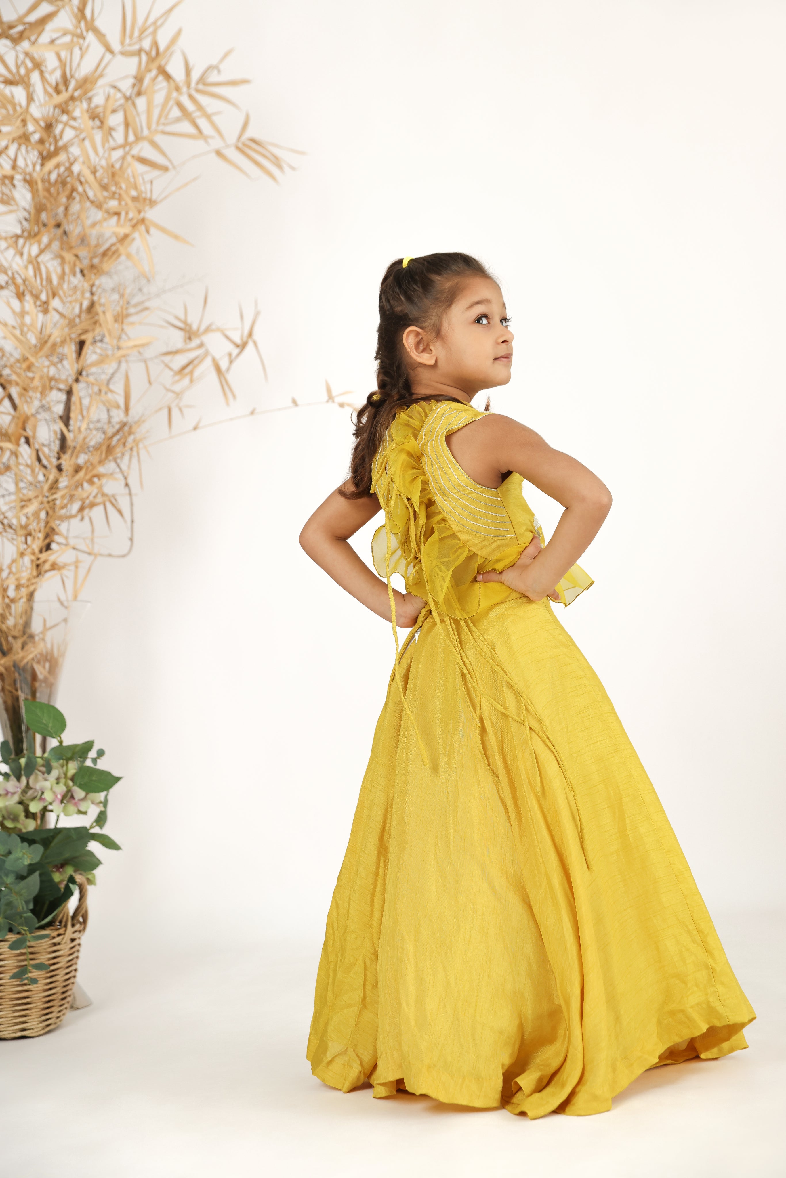 Yellow Embroidered Silk Top with Silk Lehenga Set for Girls