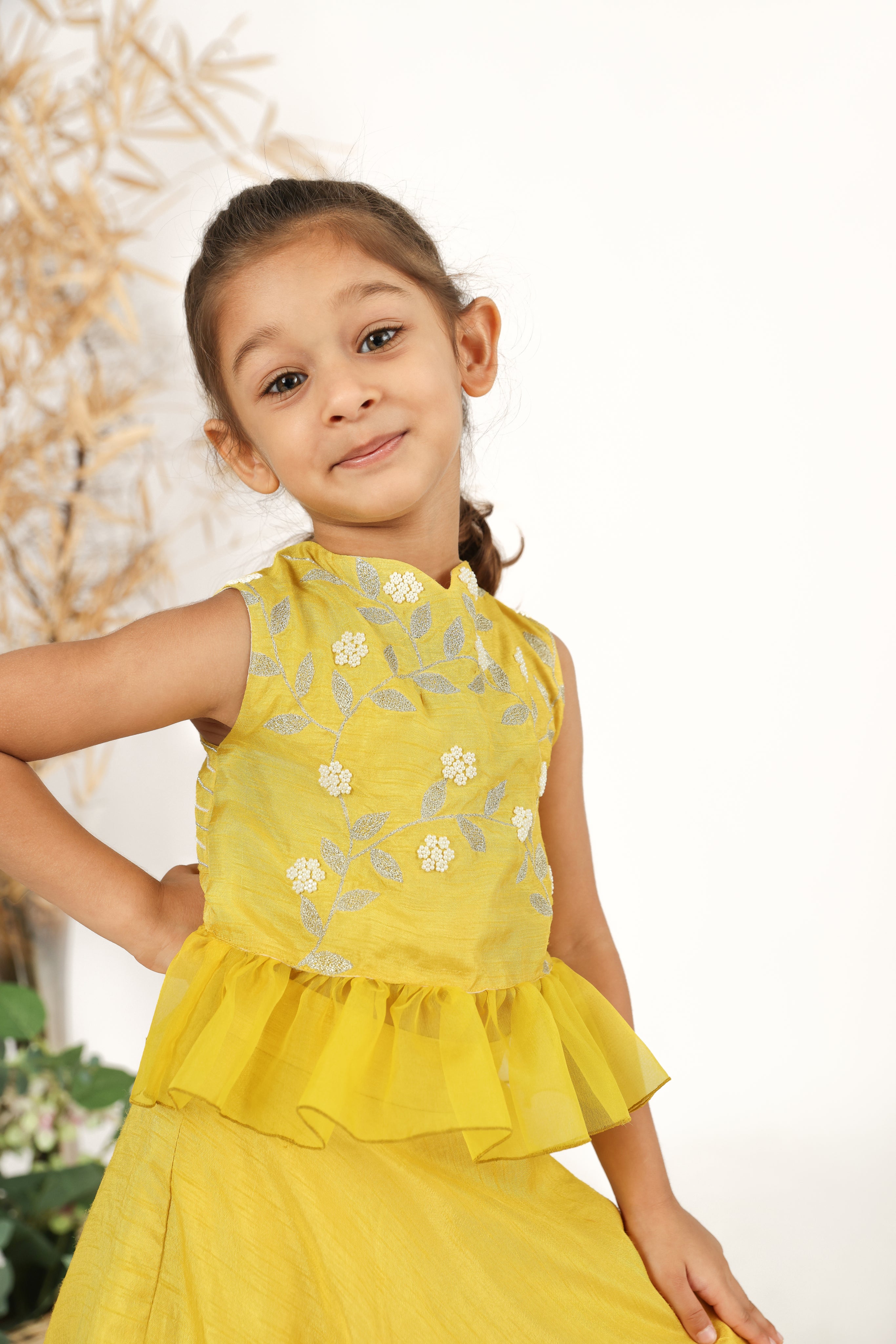 Yellow Embroidered Silk Top with Silk Lehenga Set for Girls