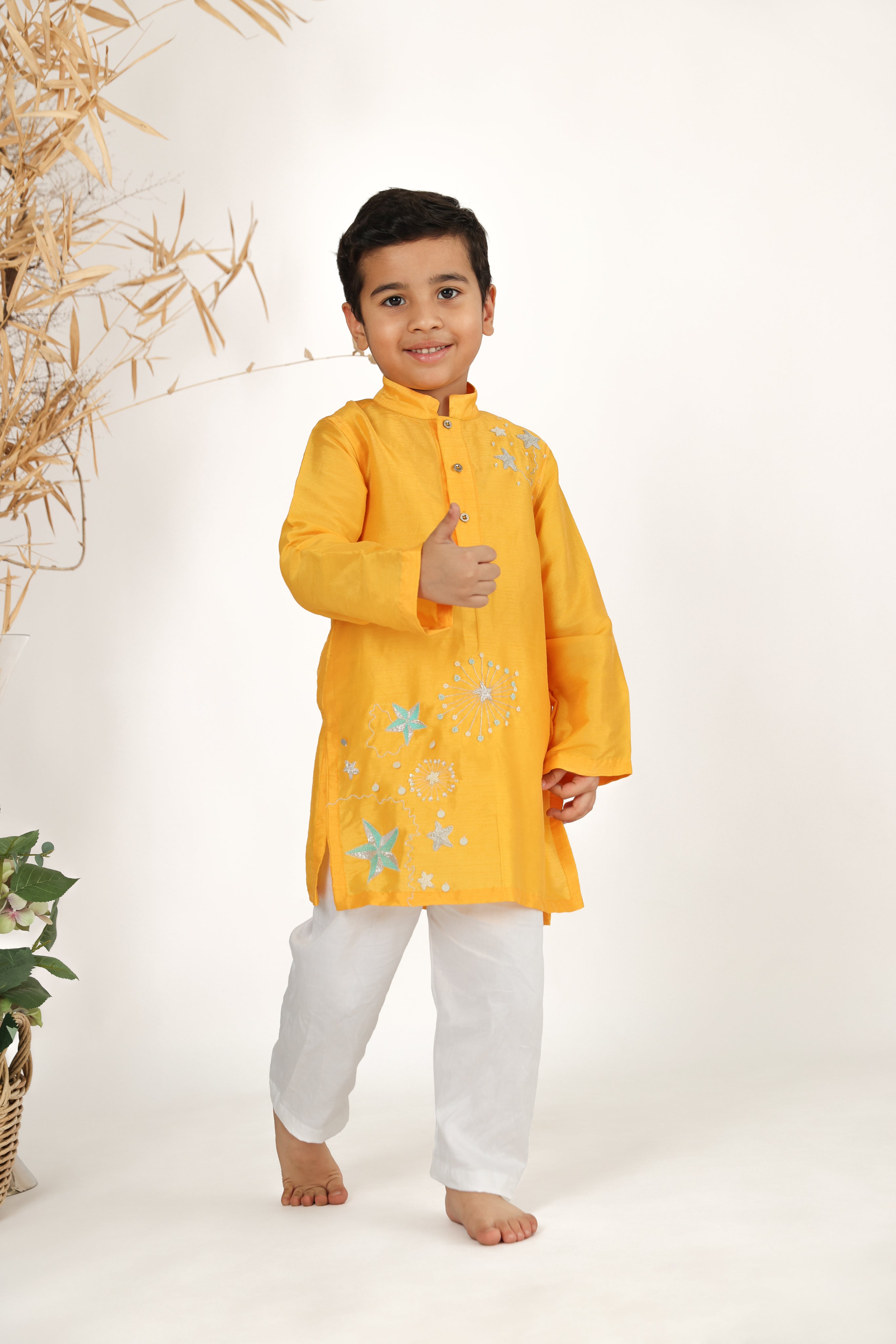 Kesar Embroidered Starry Night Silk Kurta with White Pyjama Set for Boys