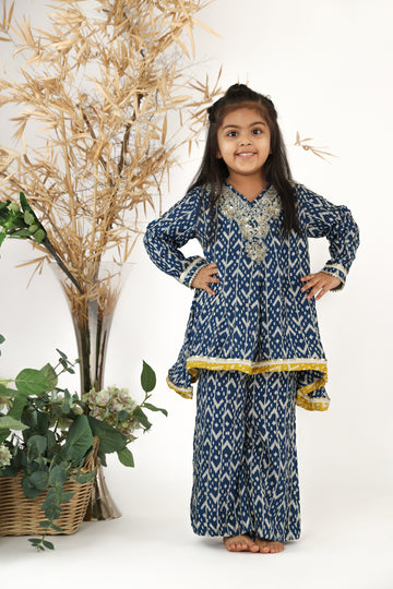 Beautiful Printed Blue Top with Heavy Embroidered Yolk with Pants for Girls