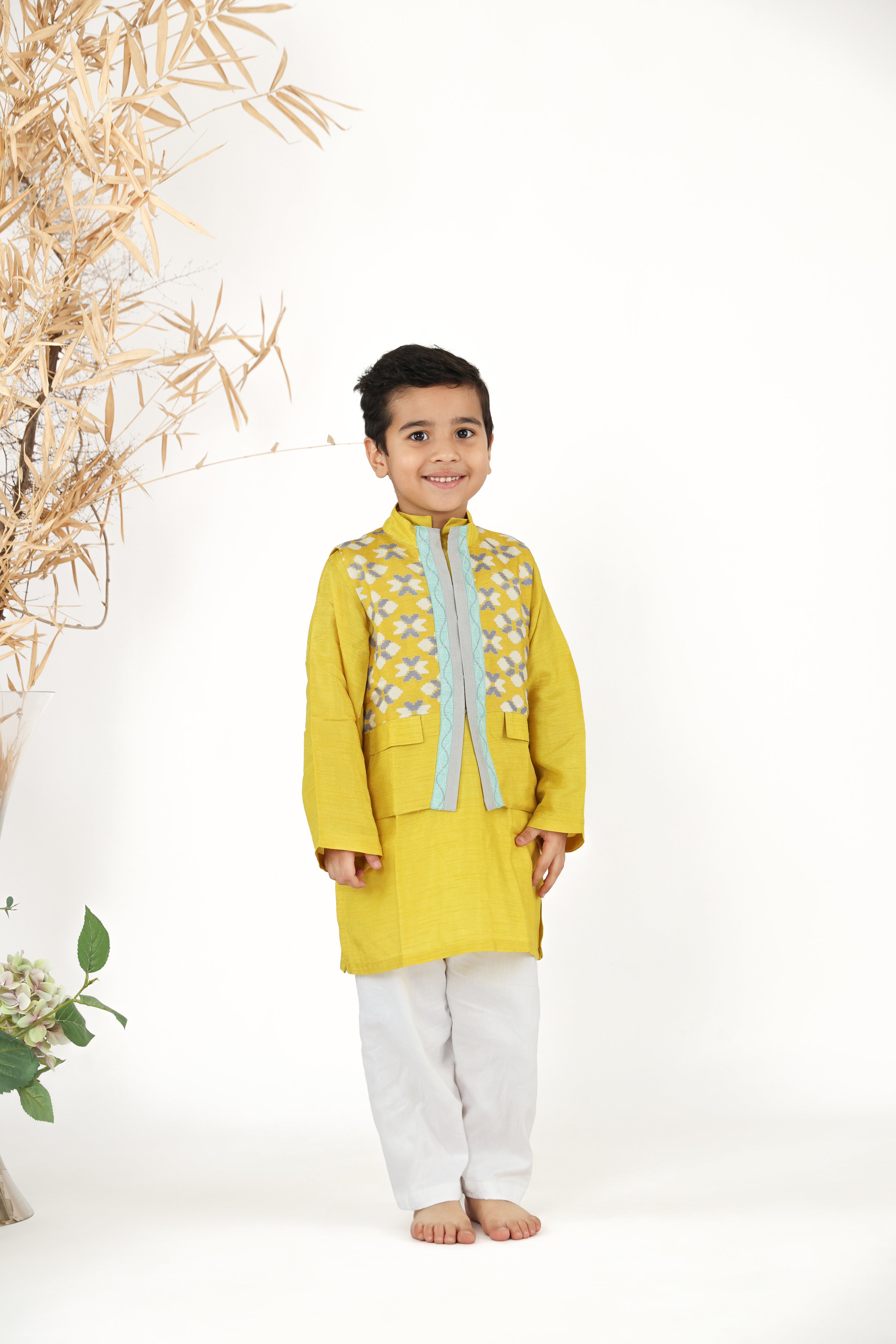 Yellow Printed Jacket with Yellow Silk Kurta And White Pyjama Set for Boys