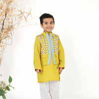 Yellow Printed Jacket with Yellow Silk Kurta And White Pyjama Set for Boys