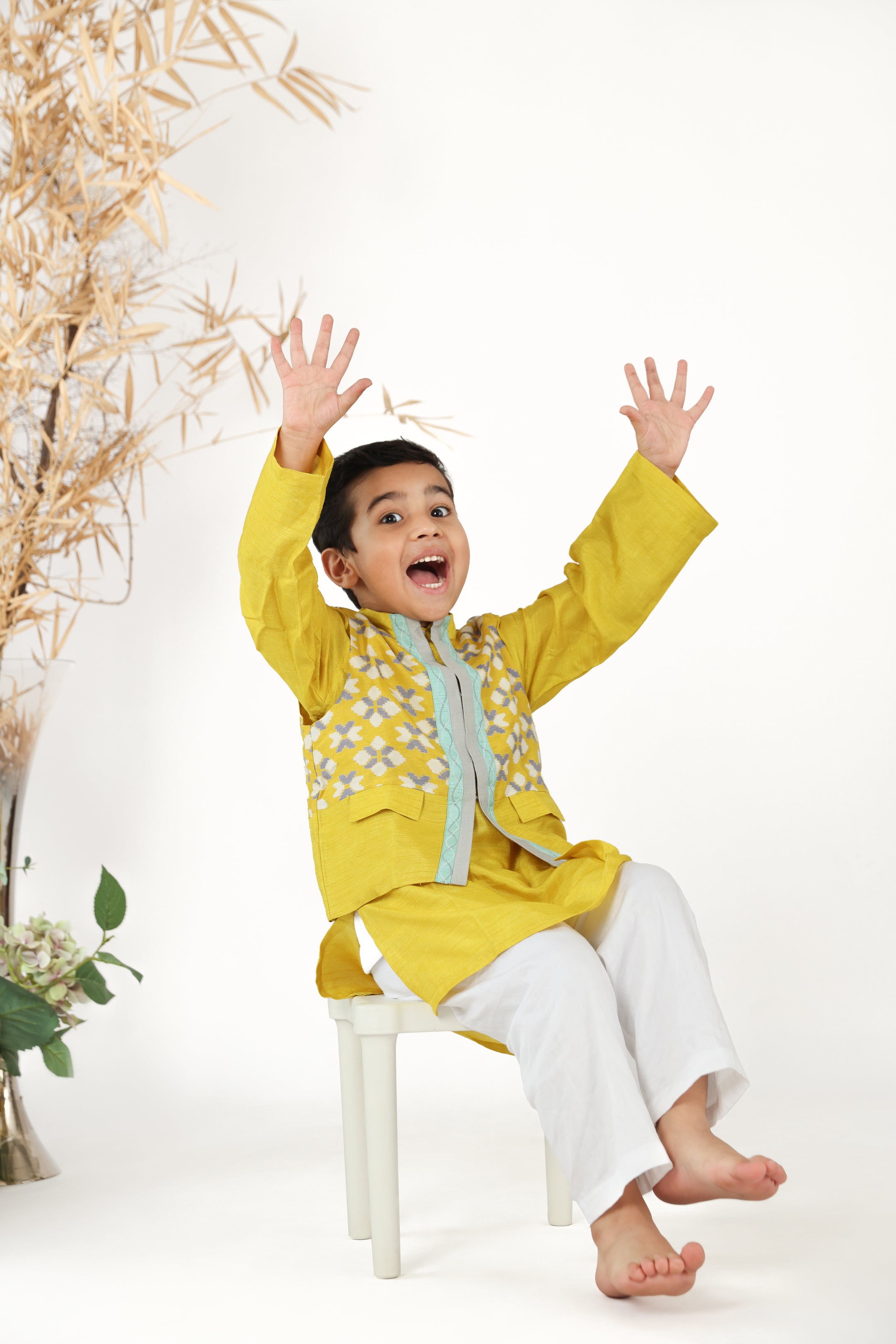 Yellow Printed Jacket with Yellow Silk Kurta And White Pyjama Set for Boys