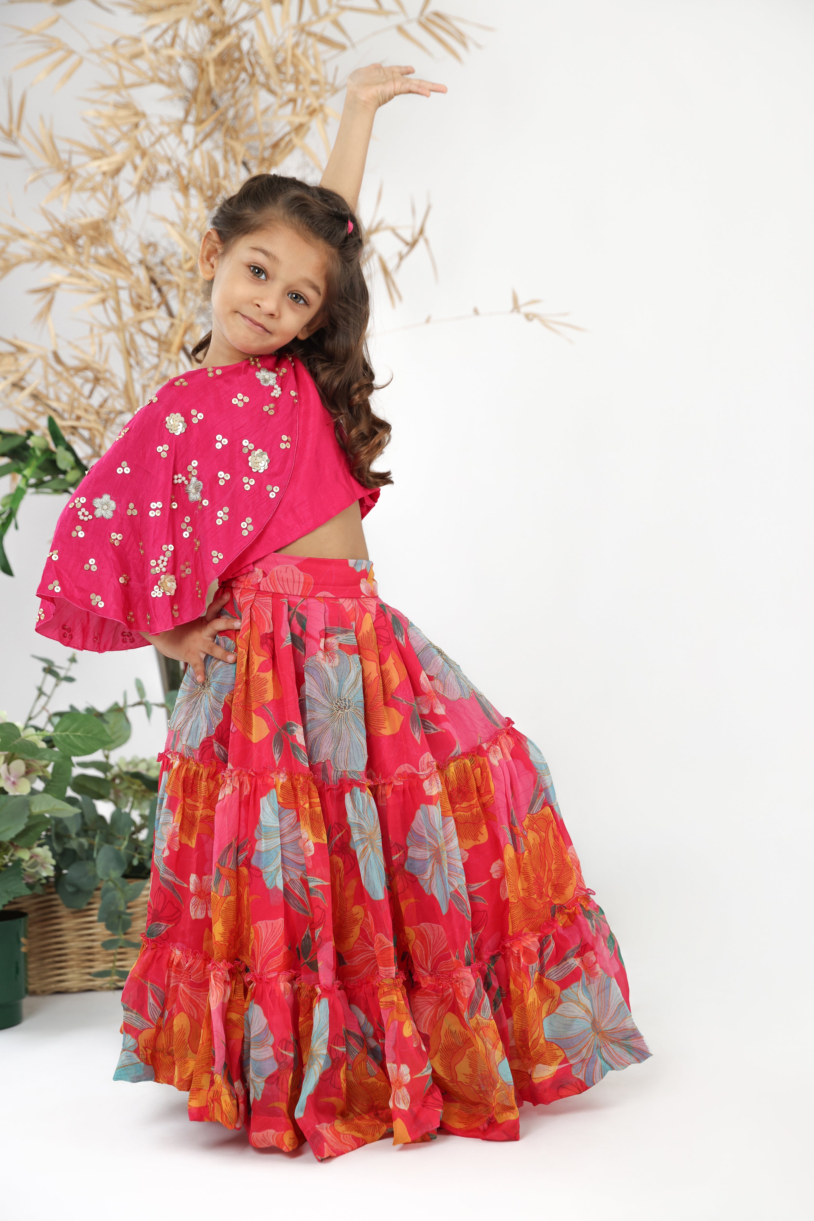 Pink Drape Embroidered Silk Top with Printed Organza Lehenga Set for Girls