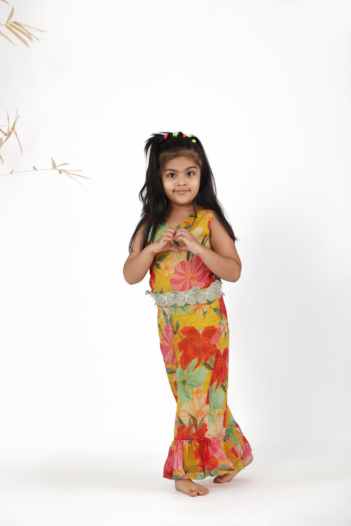 Beautiful Floral Printed Yellow Organza Jumpsuit with Butterfly Embroidered Belt for Girls