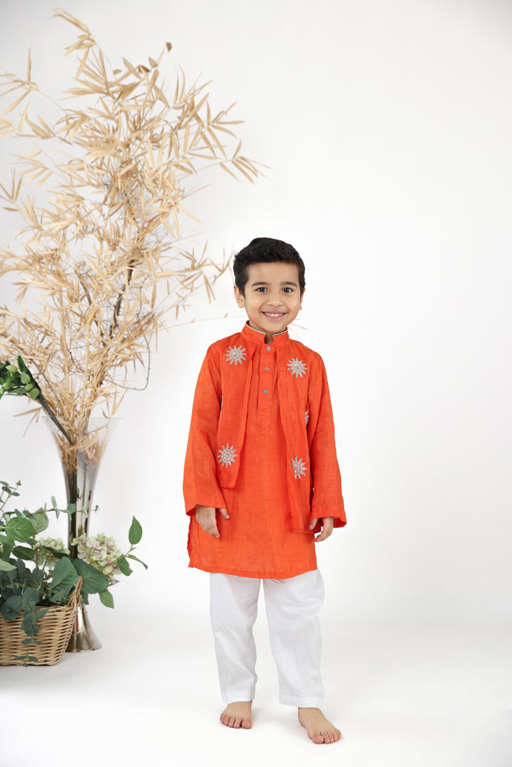 Embroidered Panel Orange Silk Kurta with White Pyjama Set for Boys