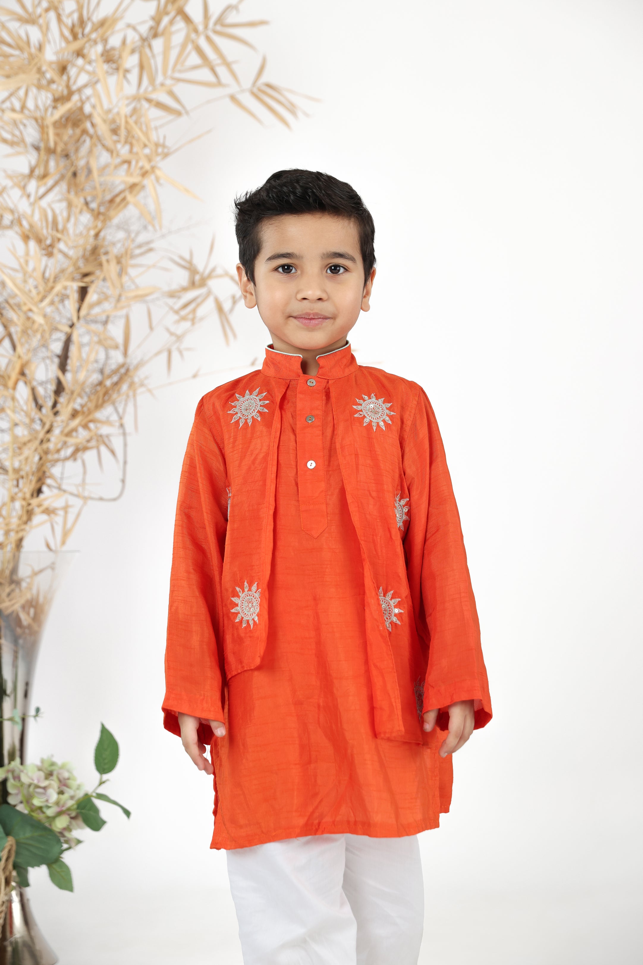 Embroidered Panel Orange Silk Kurta with White Pyjama Set for Boys