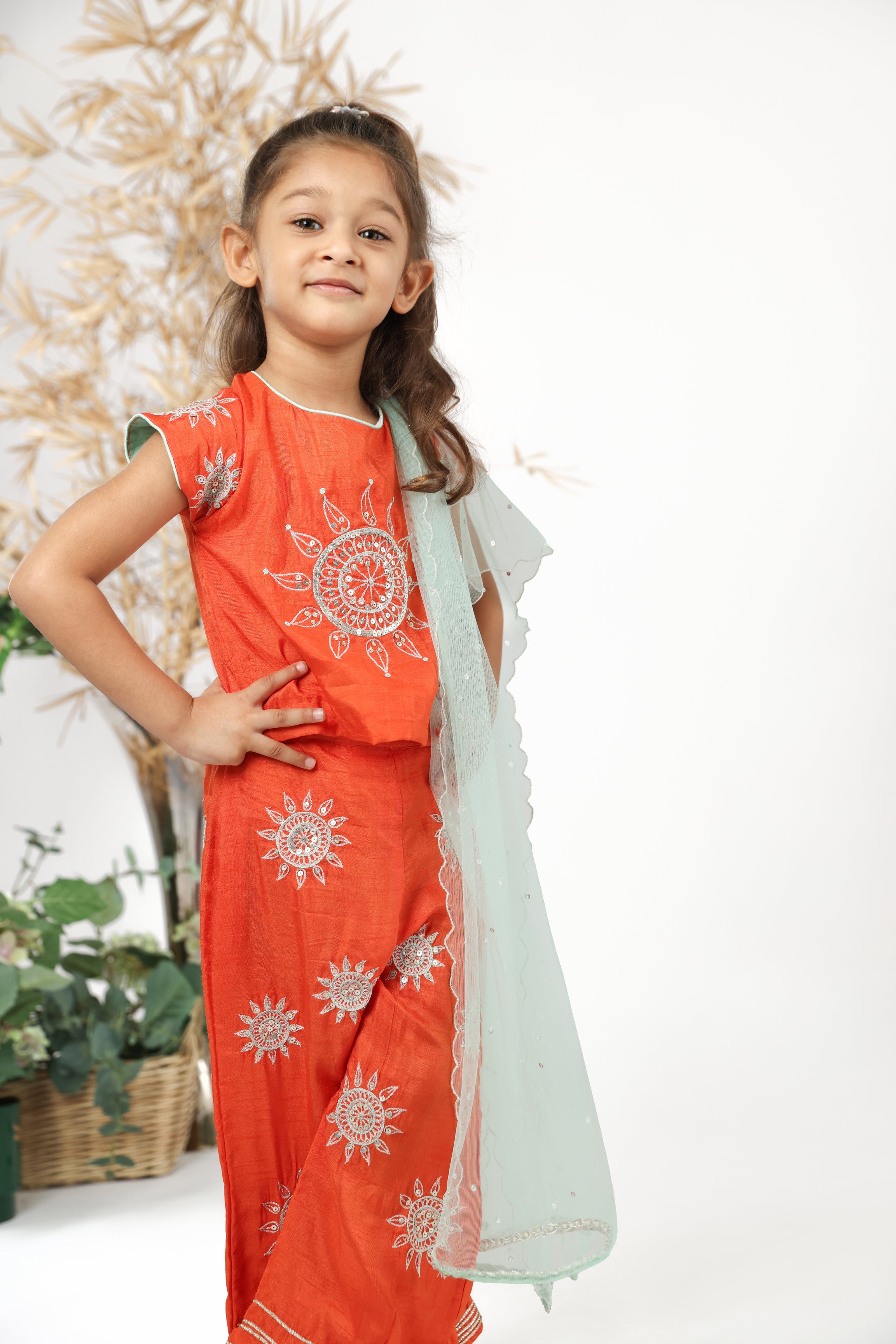 Traditional Orange Silk Top with Embroidered Sun and Pants with Sea Green Dupatta Set for Girls