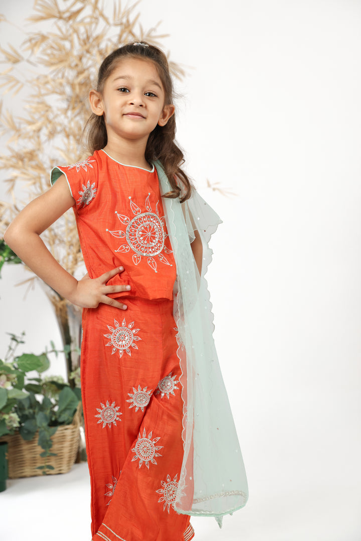 Traditional Orange Silk Top with Embroidered Sun and Pants with Sea Green Dupatta Set for Girls