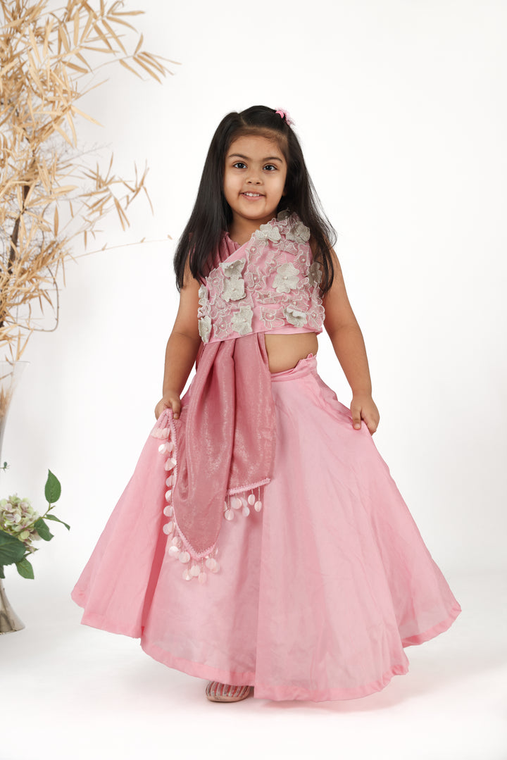 3d Embroidered Layered Top with Pink Drape and Pink Lehenga Set for Girls