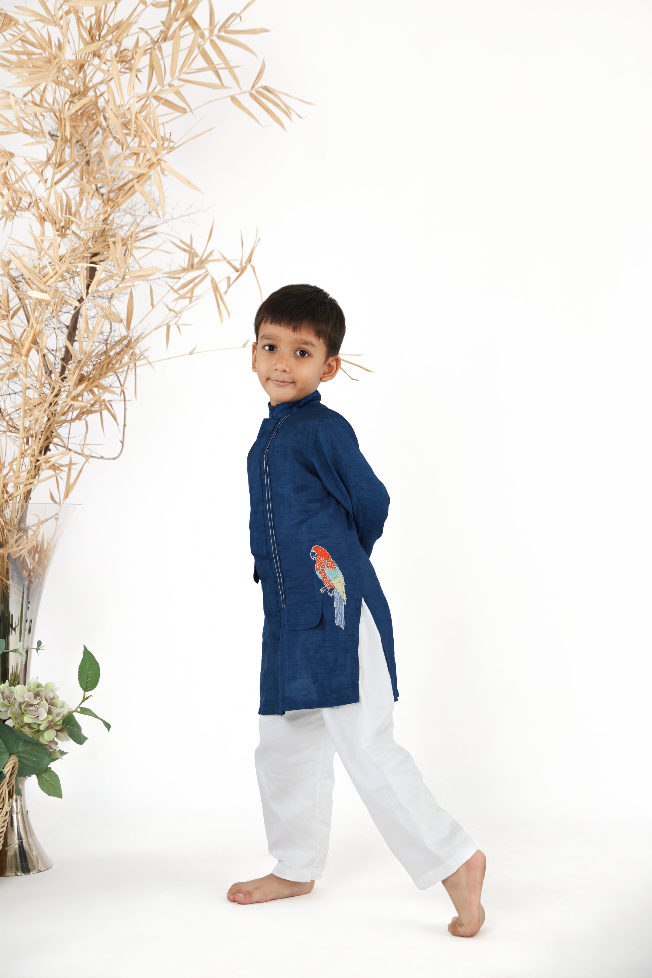 Achkan Style Embroidered Blue Parrot Silk Kurta With White Pyjama Set for Boys