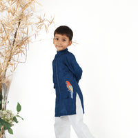 Achkan Style Embroidered Blue Parrot Silk Kurta With White Pyjama Set for Boys