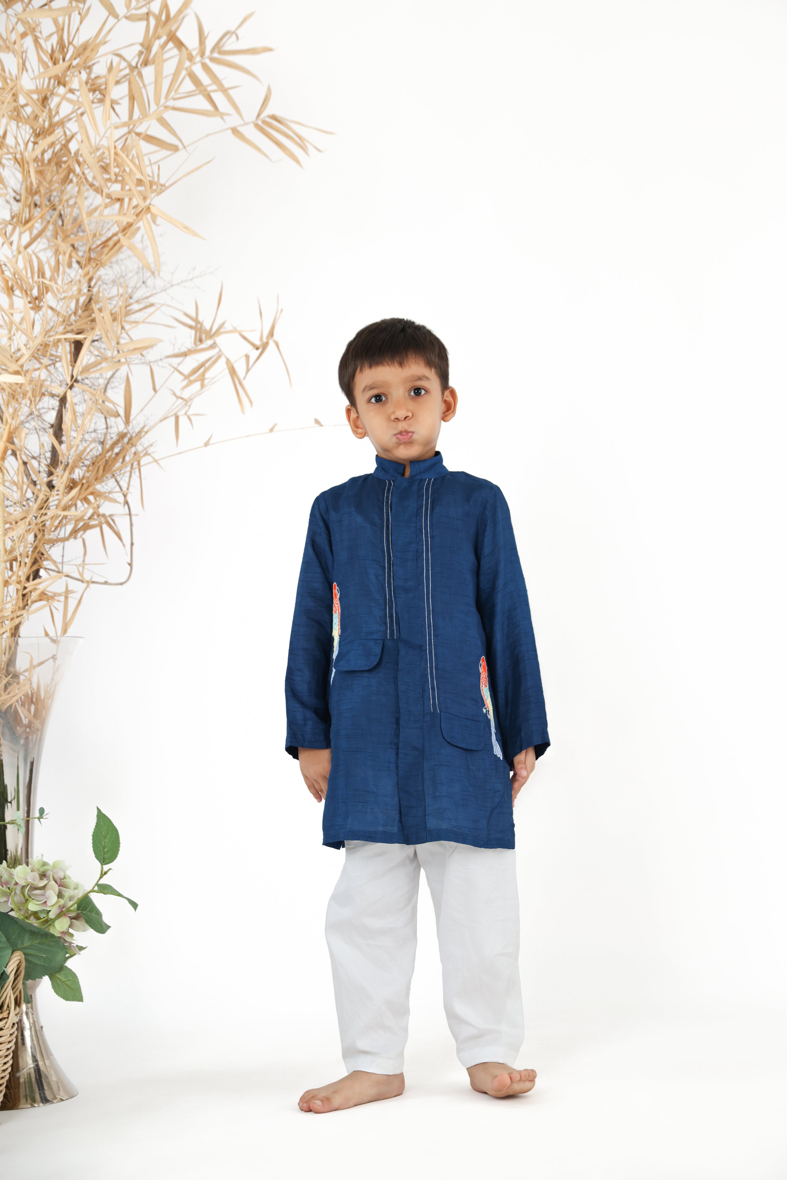 Achkan Style Embroidered Blue Parrot Silk Kurta With White Pyjama Set for Boys