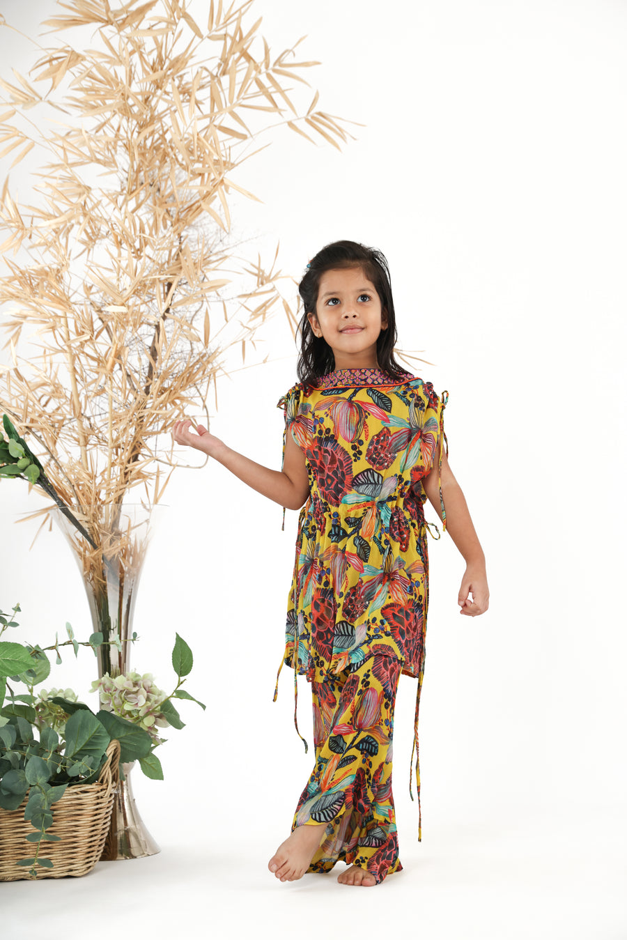Printed Yellow Kurti with Floral Drawstring and Hand Embroidery with Printed Chiffon Palazzo for Girls
