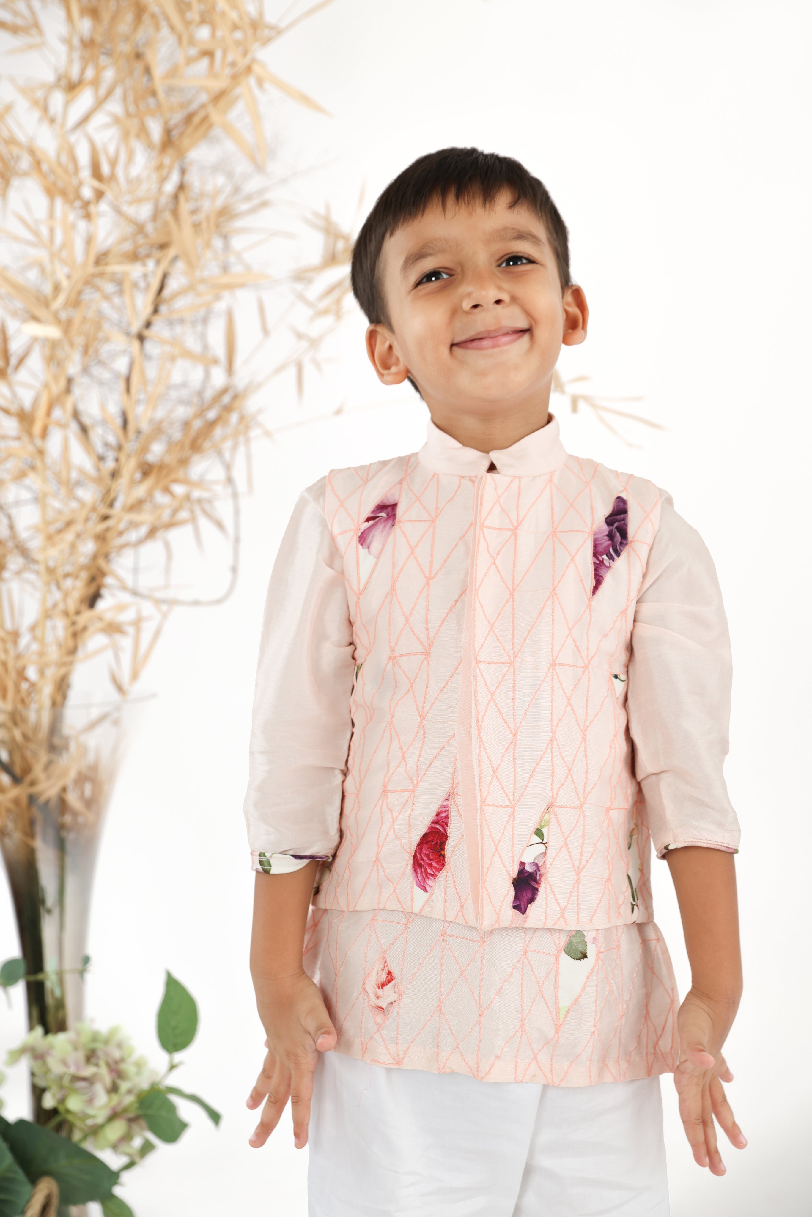 Pink Kurta with Geometric Threadwork Embroidery and Pink Pyjama with Jacket for Boys