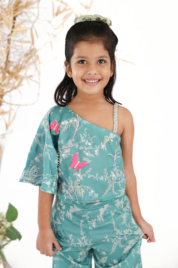 Stunning Printed Mint Green Embroidered Muslin Top with Garara Set for Girls