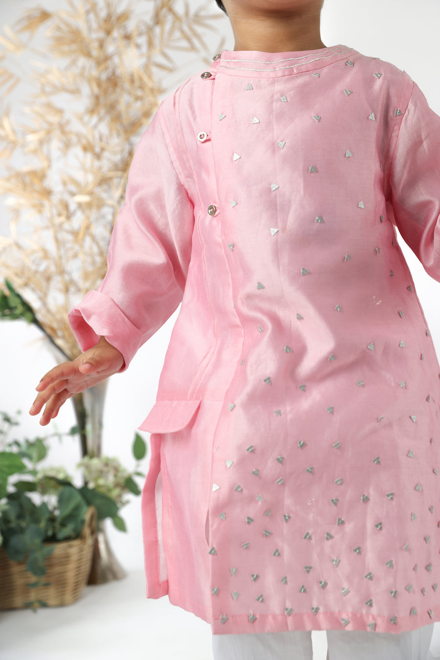 Pink Side Panel Kurta with Triangular Silver Leather Sequence And White Pyjama Set for Boys