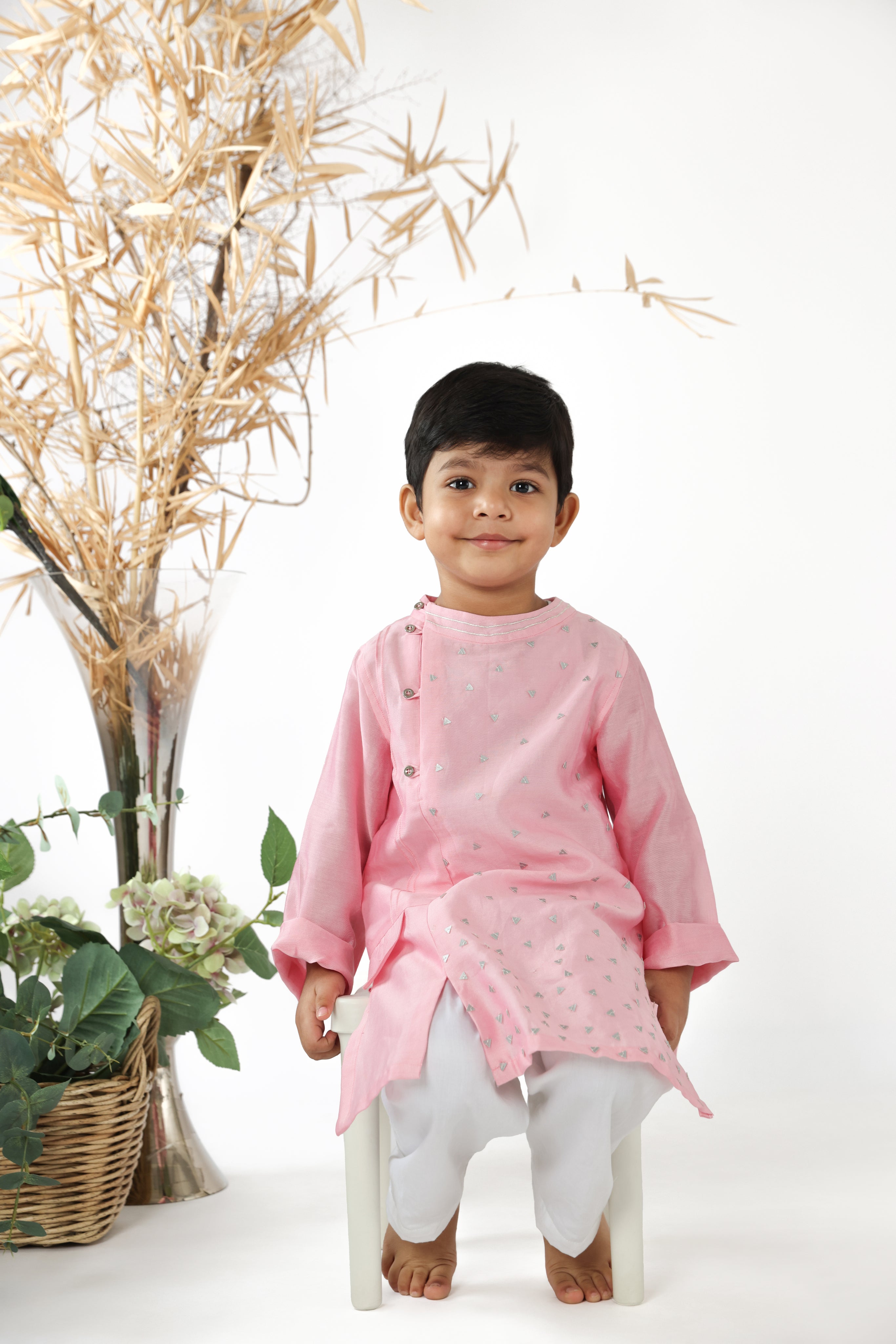 Pink Side Panel Kurta with Triangular Silver Leather Sequence And White Pyjama Set for Boys