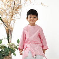 Pink Side Panel Kurta with Triangular Silver Leather Sequence And White Pyjama Set for Boys