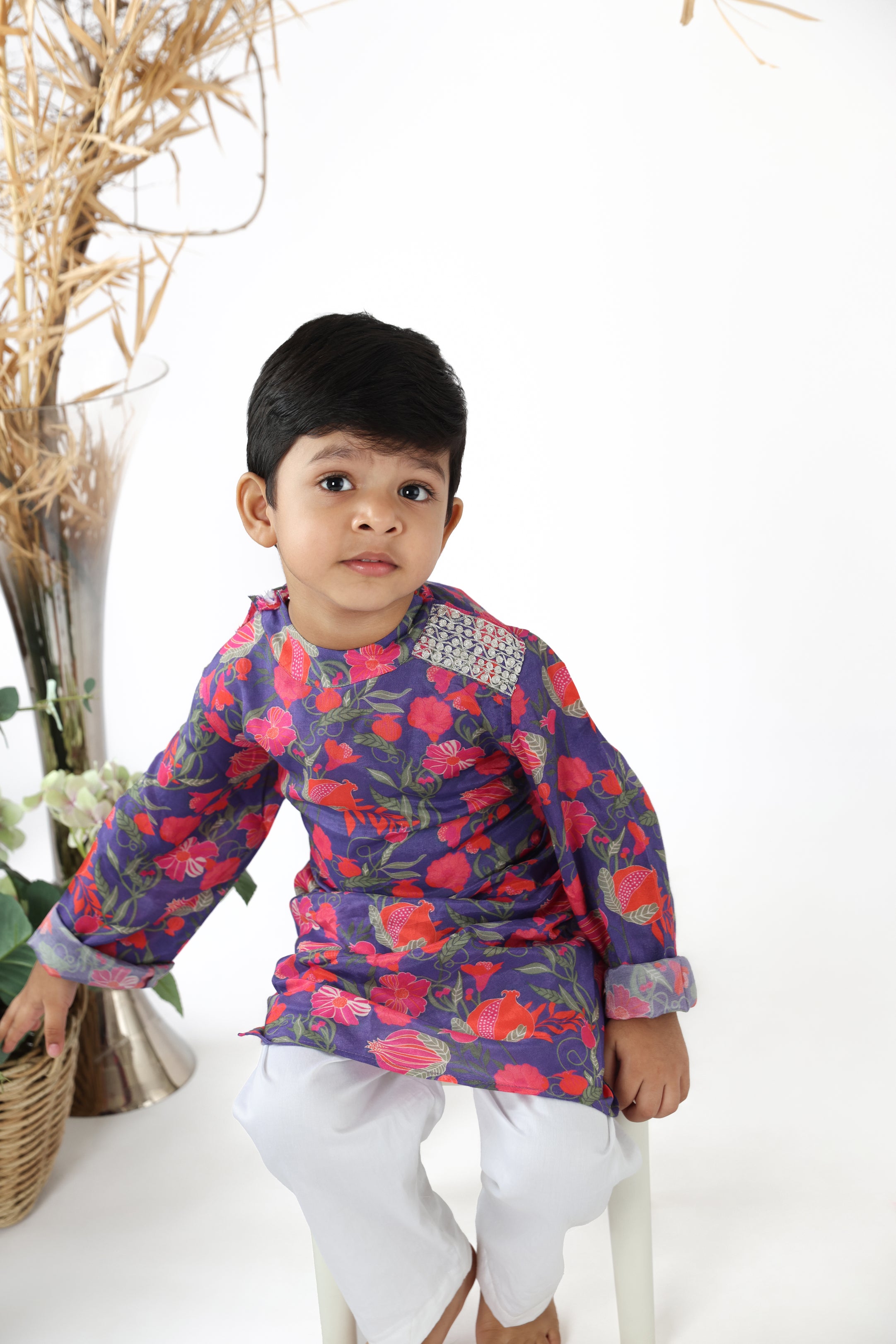 Floral Printed Purple Drape Kurta with White Pyjama Set for Boys