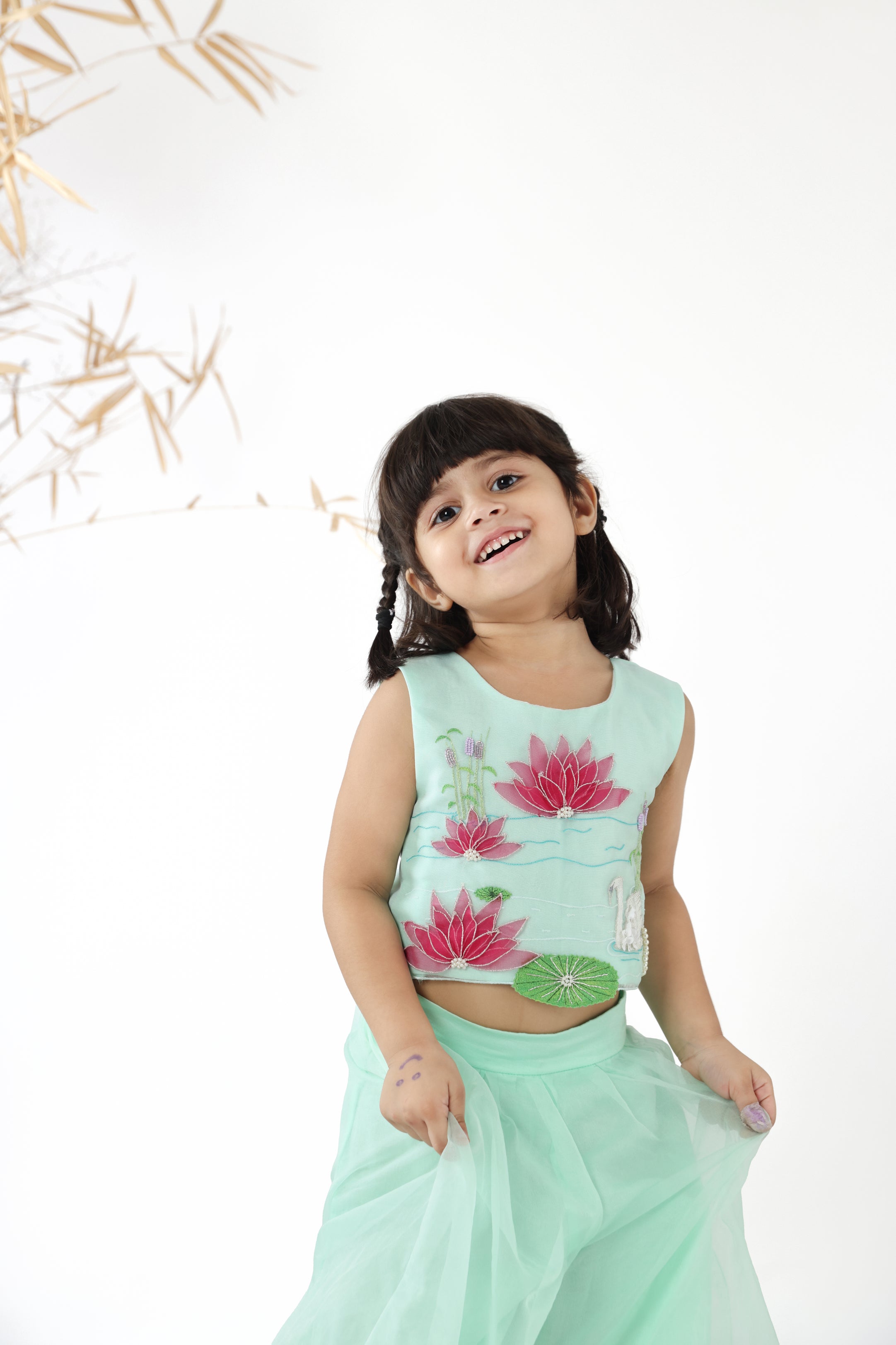 Mint Green Embroidered Cape Style Organza Top with Palazzo Set for Girls