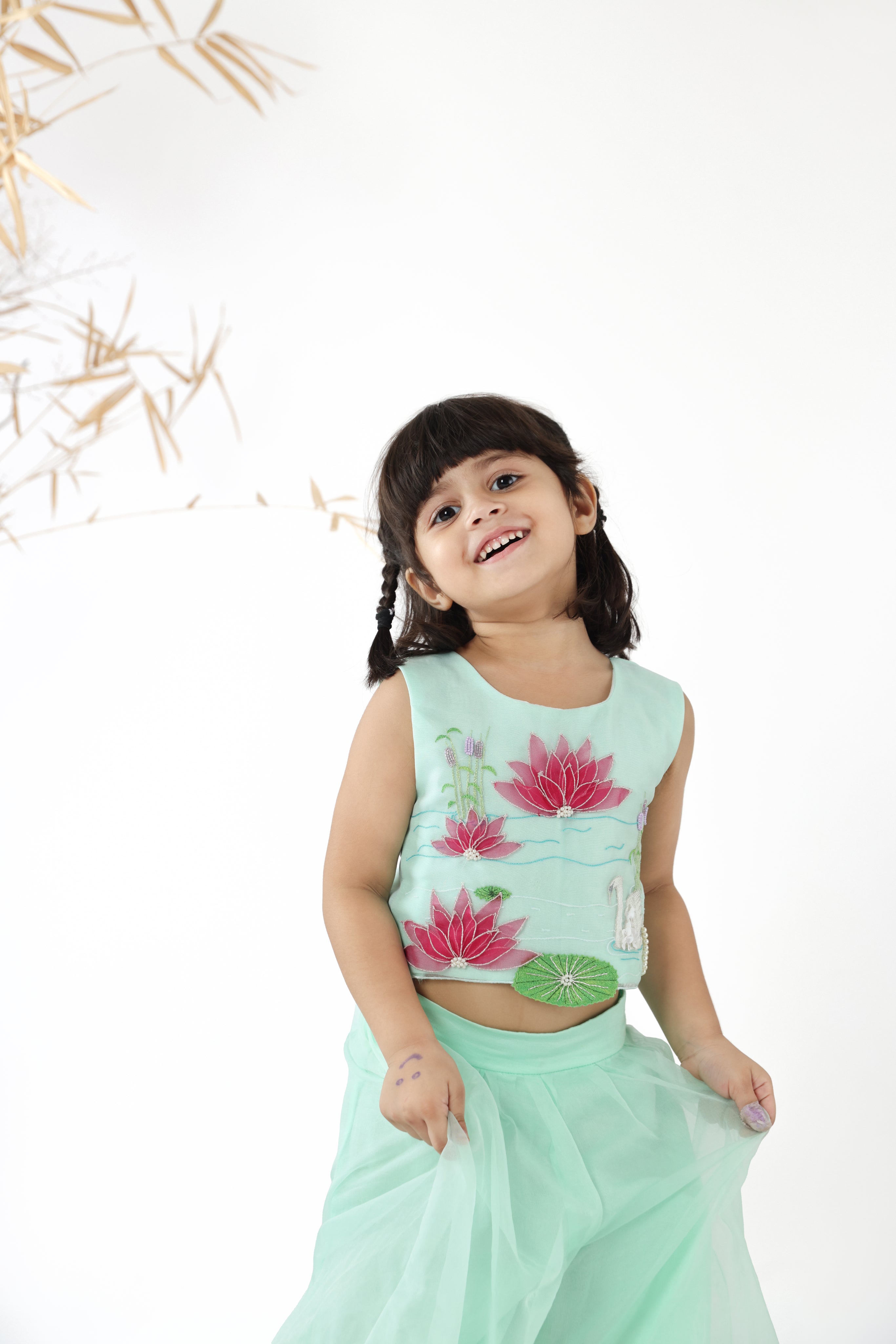 Mint Green Embroidered Cape Style Organza Top with Palazzo Set for Girls