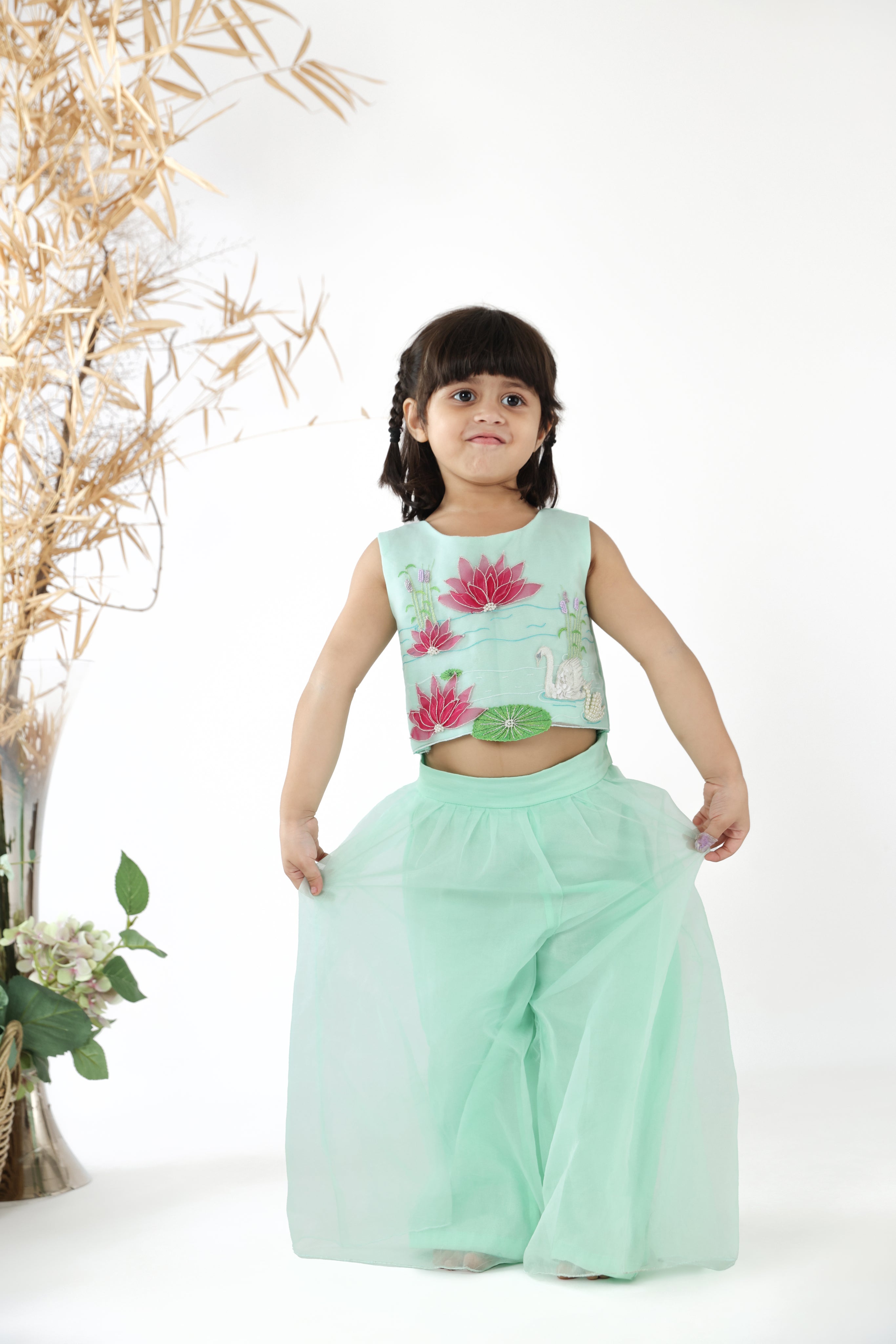 Mint Green Embroidered Cape Style Organza Top with Palazzo Set for Girls