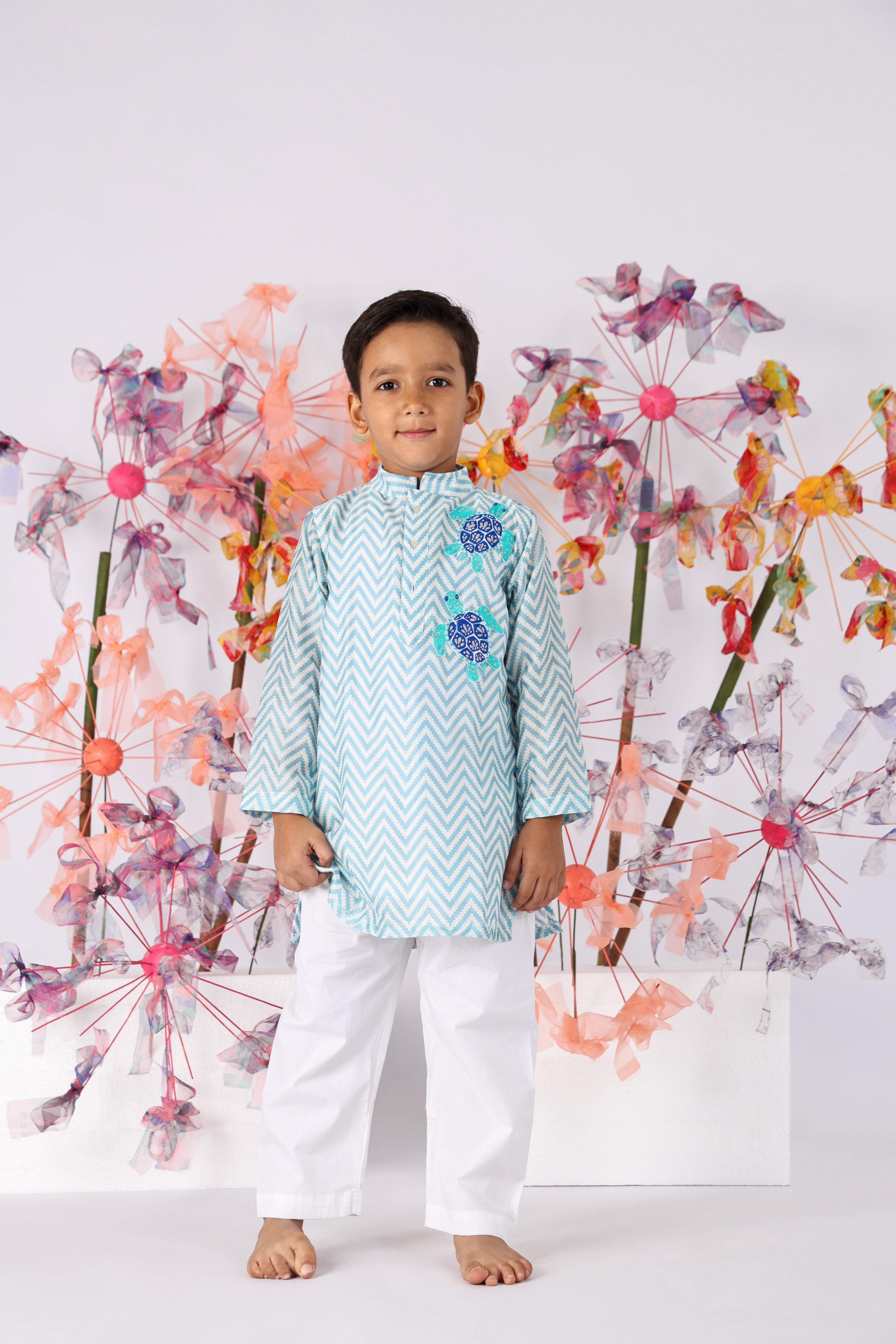 Blue Chanderi Chevron Print Kurta with Embroidered Turtle and White Pyjama