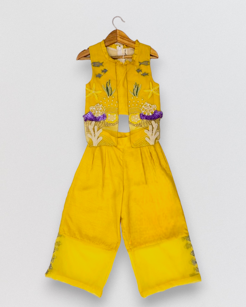 Embroidered Attached Yellow Jacket Top and Yellow Pants with See Through Panels