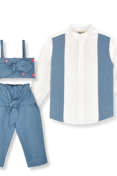 Father's Day Special : Twinning Set White Denim Panel Shirt & Denim Hearts Top & Pant Set