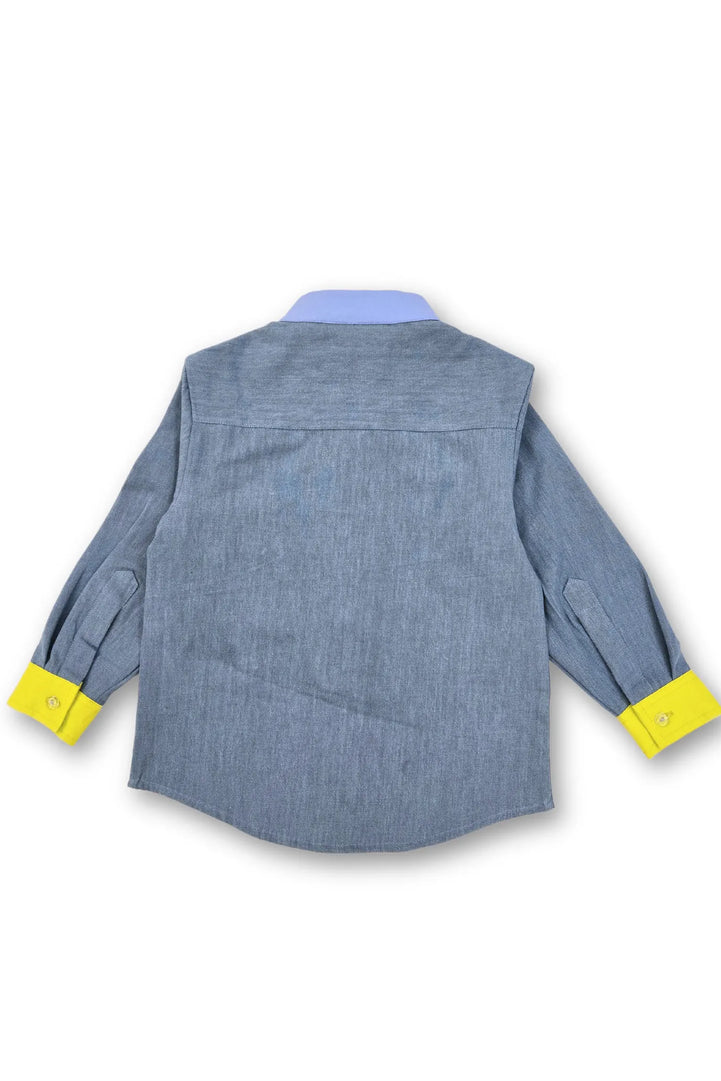 Denim Boys Shirt with Blue Collar and Green Cuffs