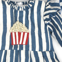 Blue Striped Dress with a Dash of Popcorn Fun