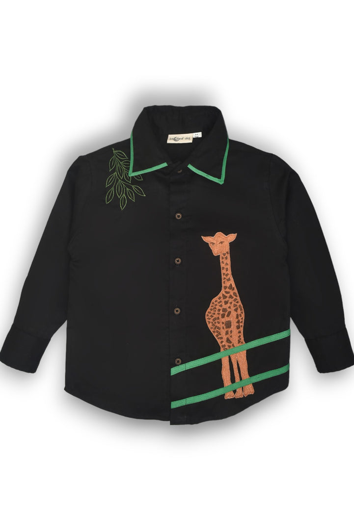 Black Shirt Embroidered with Graceful Giraffe Motif