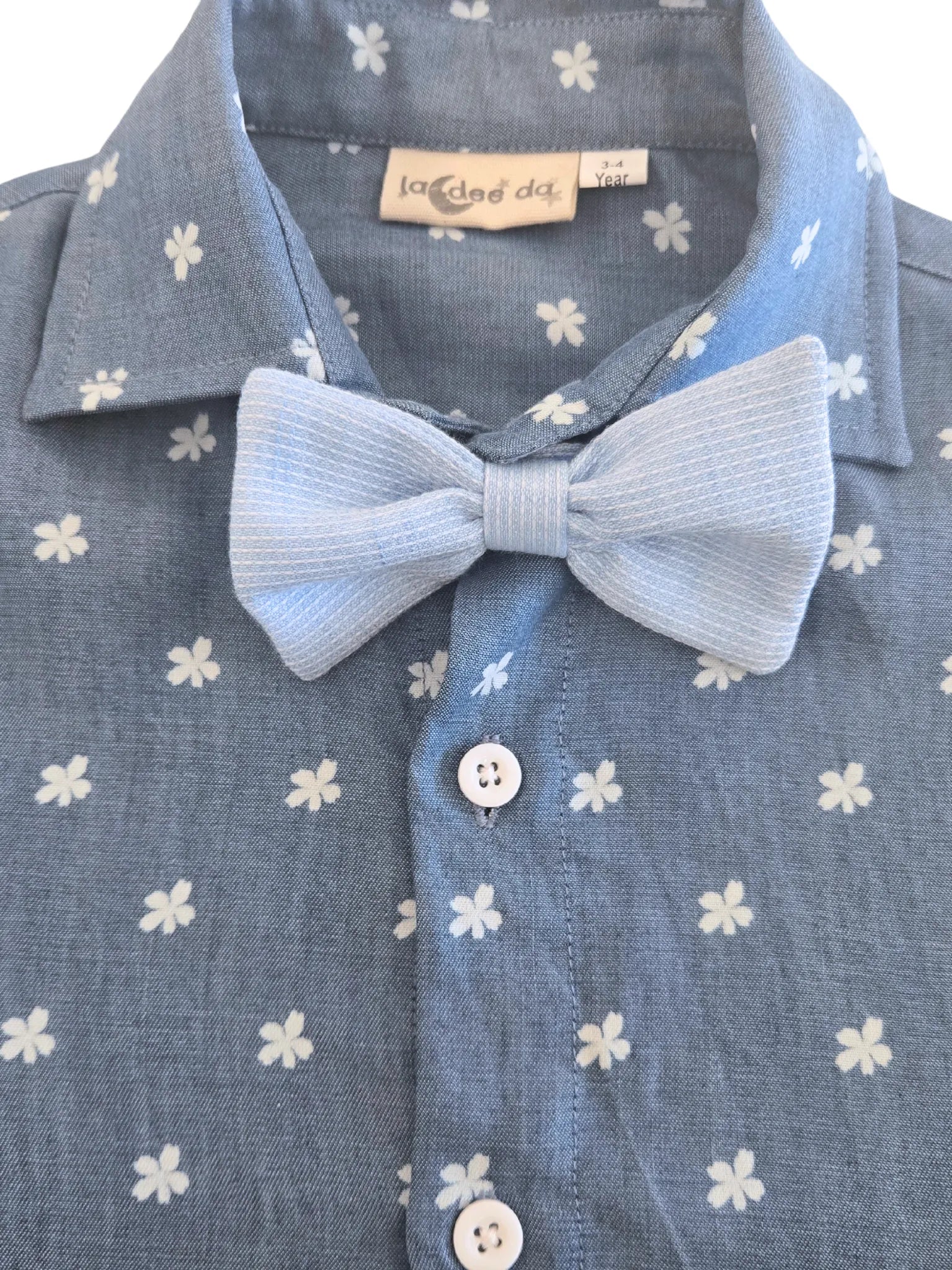 Floral Print Denim Boys Shirt with a Bow-tie