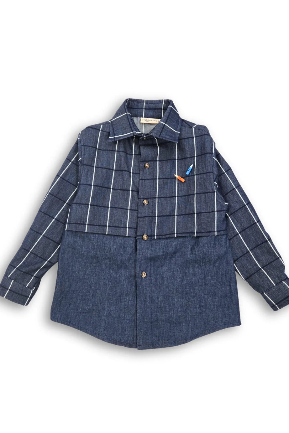 Dark Denim Checks Half and Half Boys Shirt with Pencils