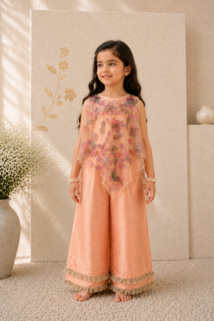 Blossom — 3D Net Cape & Palazzo Set in Peach