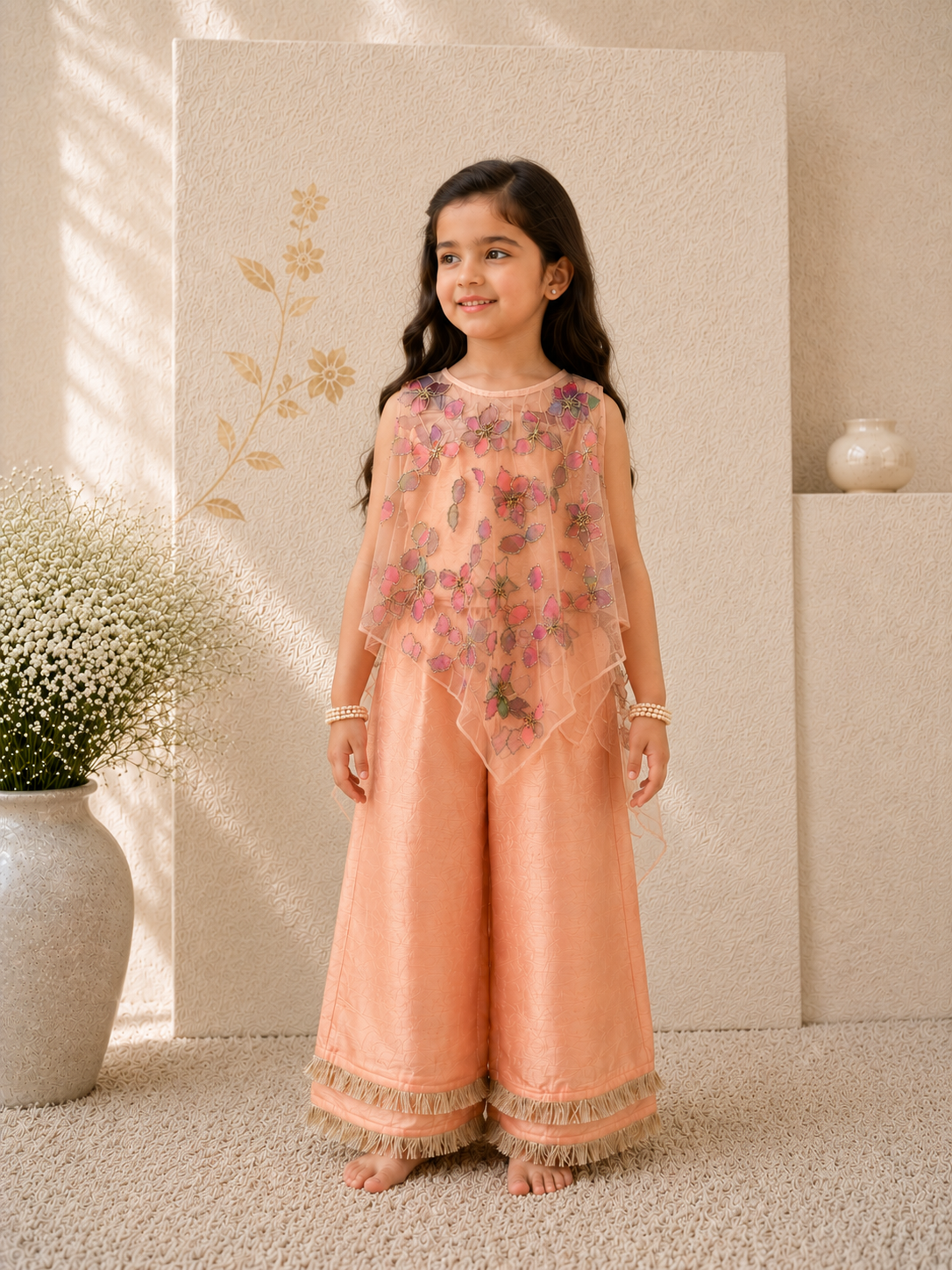 Blossom — 3D Net Cape & Palazzo Set in Peach